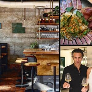 collage of matt and sara and progress restaurant and food